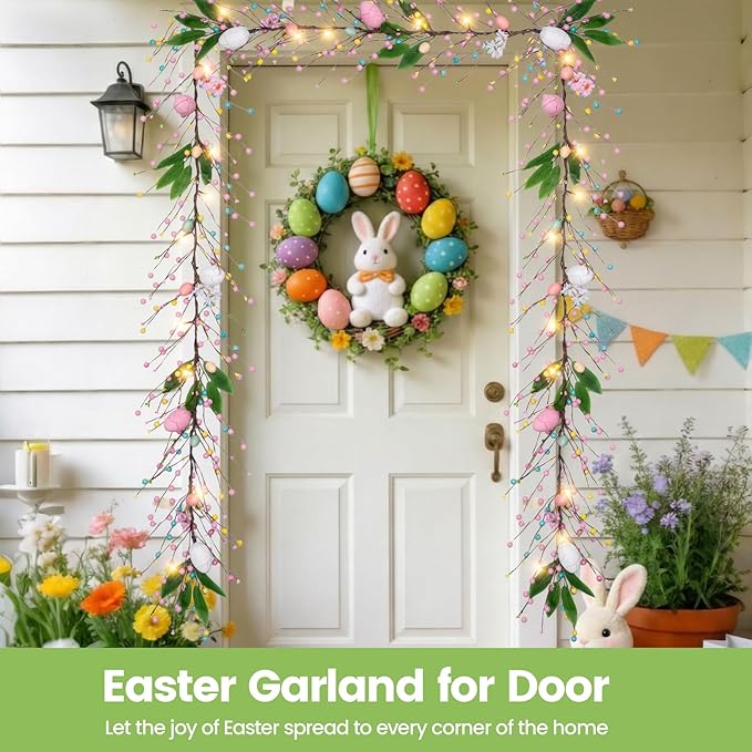 6 FT Pre-Lit Easter Garland with 20 LED Lights & 8 Mode Timer, Mixed Pastel Easter Pip Berry Spring Galand for Mantle Decorations, Lighted Artificial Easter Egg Garland for Fireplace Table Holiday