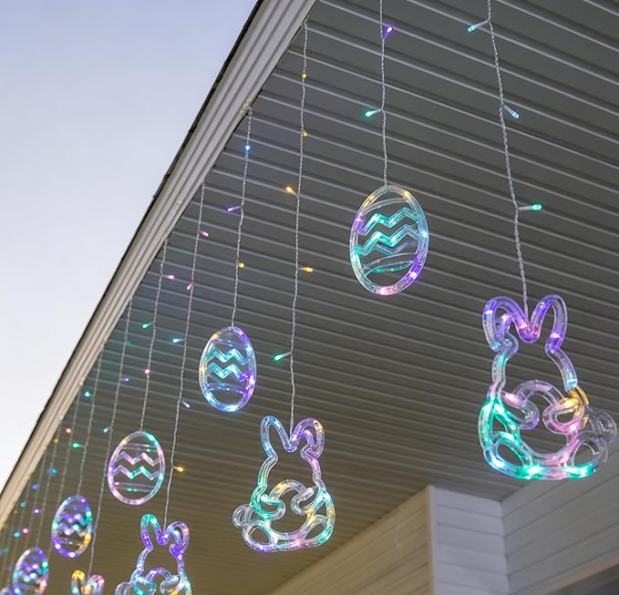 Dazzle Bright Easter Lights, 222LED 9FT Pastel Rabbit and Eggs Curtain String Lights with 8 Modes, Plug in Easter Decorations for Indoor Window Outdoor Party Decor (Pastel)