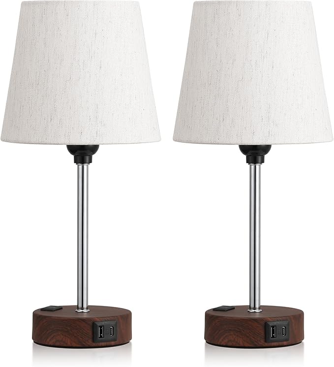 Acaxin Reddish Brown Bedside Lamps Set of 2 - Nightstand Bedroom Lamp with USB C Port and AC Outlet Charging, 3 Way Dimmable Touch Control Small Bed Side Table Lamp, Nightstand Light