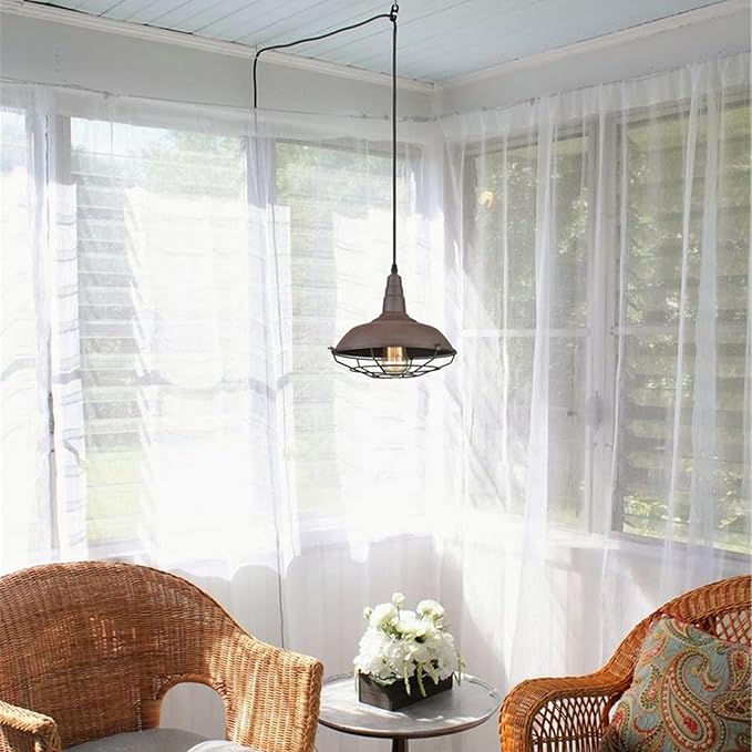 DAYCENT Industrial Plug-in Pendant Light Barn Style Hanging Lamp with Wire Caged Swag Light Fixture for Bedroom Hallway Kitchen Living Room, On/Off Switch
