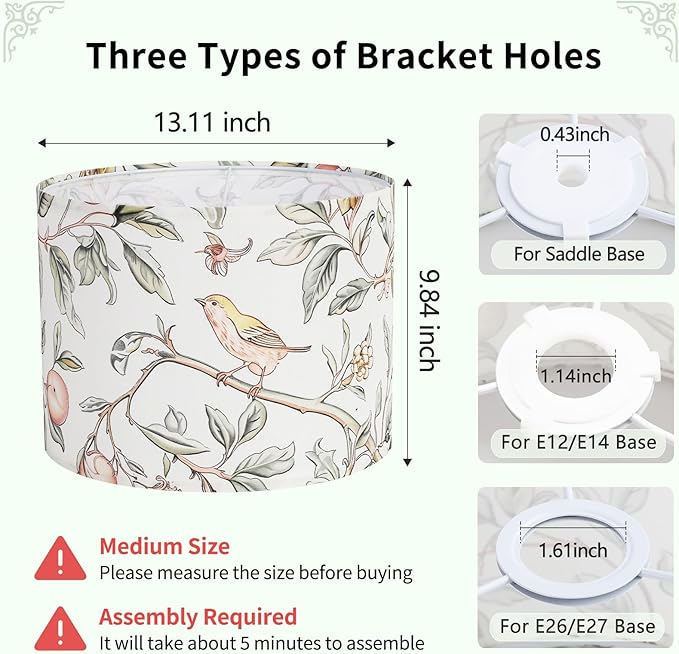 Fabric Lamp Shades, 13” Width and 10” Height Lamp Shade, HD Printing Bird Lampshade, Lamps shades fit with Spider/Uno, Modern Farmhouse Lamp Shades for Table Lamps, Floor Lamps (1 Pack)