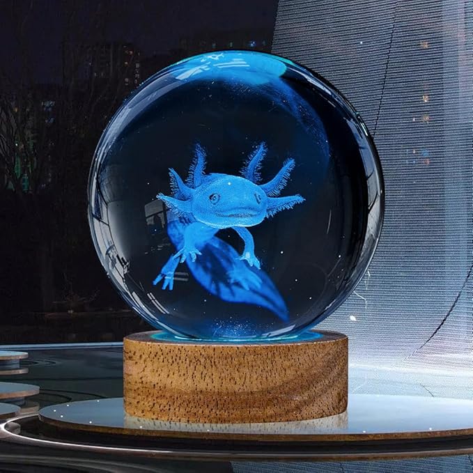 3D Axolotl Crystal Ball Night Light with Woodern Base,16 Colors with Remote Control Cool Desk Decor Gifts for Kids Friends (Axolotl-b)