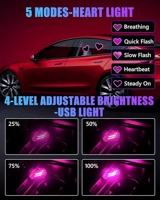 Valentines Day Decorations Car LED Interior Lights, Solar & Type-C Rechargeable Heart-Shaped Car Ambient Lights, 2 PCS Heart Lights & 2 PCS Mini USB Lights, Pink Car Decorations