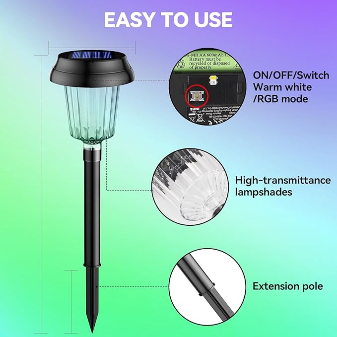 TECKNET Solar Pathway Lights, Color Changing Solar Lights with Warm White & RGB Colored, Colored Pathway Light Outdoor Waterproof (IP68) for Yard, Auto On/Off (10 Pack)