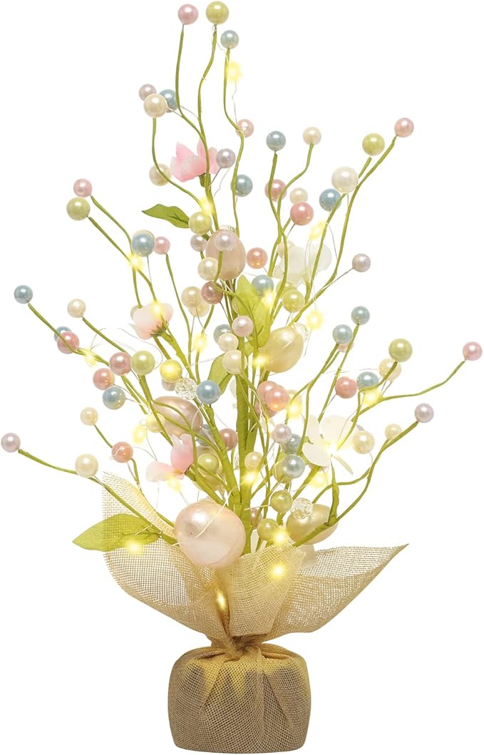 RoseCraft Easter Decorations, 18 Inch Pre-Lit Easter Egg Tree Tabletop Decor with Delicate Ornaments, for Home Party Wedding Holiday Spring Summer Decoration, Green/White/Pink.