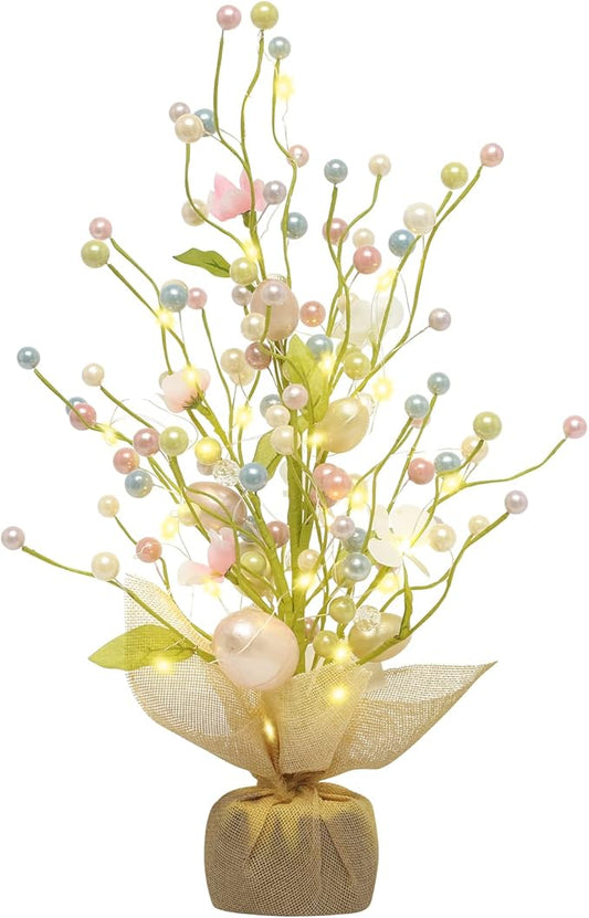 RoseCraft Easter Decorations, 18 Inch Pre-Lit Easter Egg Tree Tabletop Decor with Delicate Ornaments, for Home Party Wedding Holiday Spring Summer Decoration, Green/White/Pink.