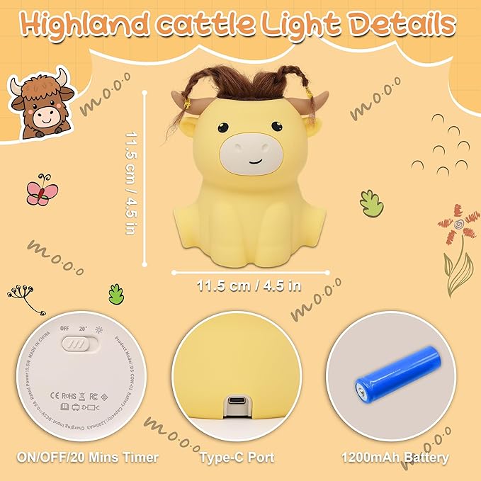 Highland Cow Night Light, Fluffy Cow Squisy Lamp for Kids, Soft Silicone Animal Nightlamp with 2 Levels Dimmable & 20 Mins Timer, Rechargeable LED Light Gifts for Baby Boys Girls