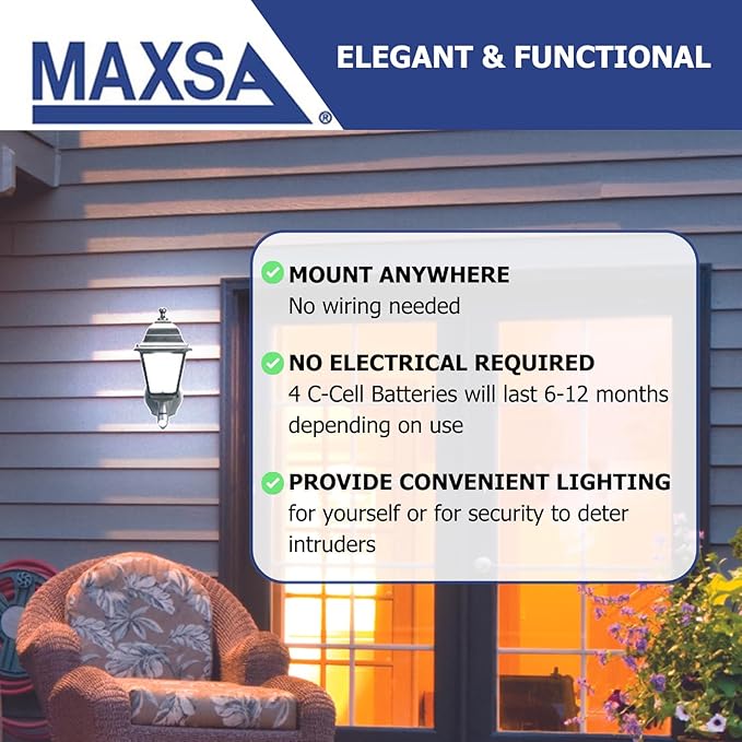 Maxsa 44219 Premium Wireless Battery-Powered Motion-Activated Decorative Outdoor Wall Sconce Lighting Fixture, Cool White LED, Metal Housing, Black (Pack of 4)