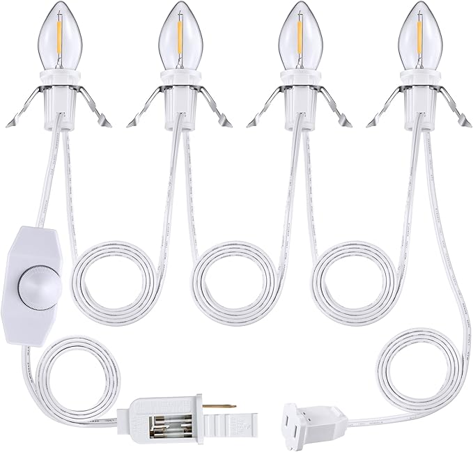 Accessory Cord with LED Bulbs, 14.8 ft White Cord with C7 Lamp, On/Off Switch Plug, Spare Fuses, Female/Male Plugs, Village Light for Halloween Christmas Indoor Decor Craft Project(4 Light)