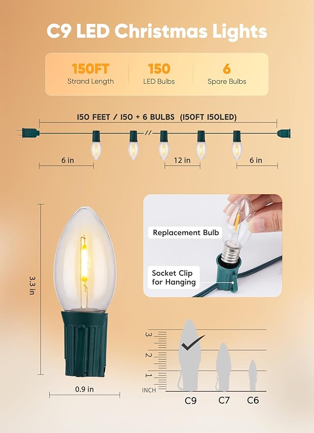 Vintage C9 LED Christmas Lights Outdoor, 150 Ft C9 String Light with 150 Shatterproof Warm White Bulbs, Waterproof Connectable Christmas Tree Lights for Roofline Holiday Garden Party Xmas Decorations