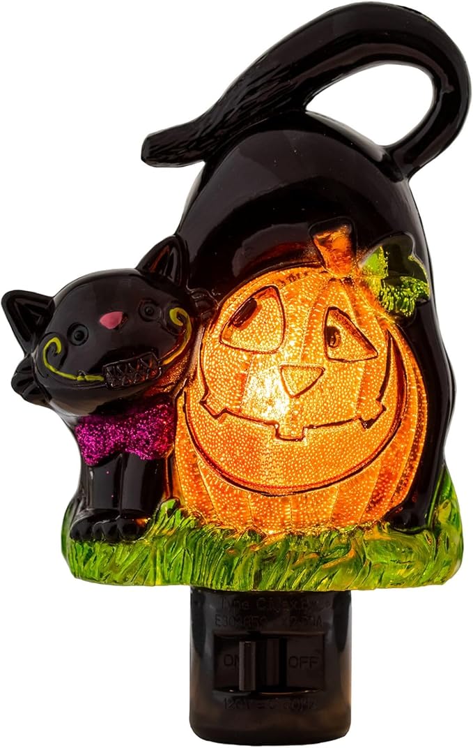 Novelty Lights LED Lamp Pumpkin with Black Cat Halloween Decoration Night Light with Swivel Plug