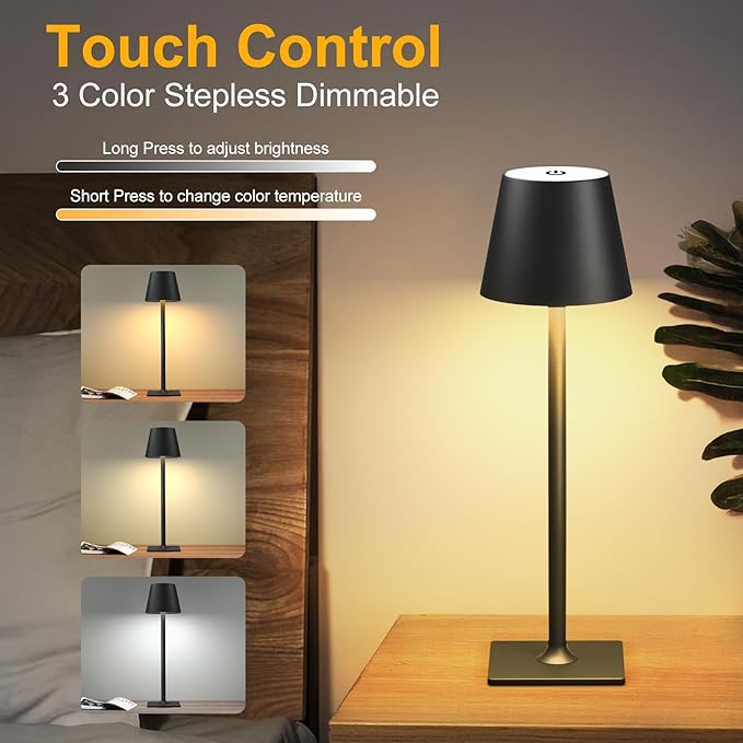 2 Pack Rechargeable Table Lamp - Cordless LED Lamp with 6000mAh Battery Operated LED Desk Lamp, Portable Table Light Outdoor for Dinner Patio Restaurant Bar Bedroom Coffee Shop Night Light(Black)