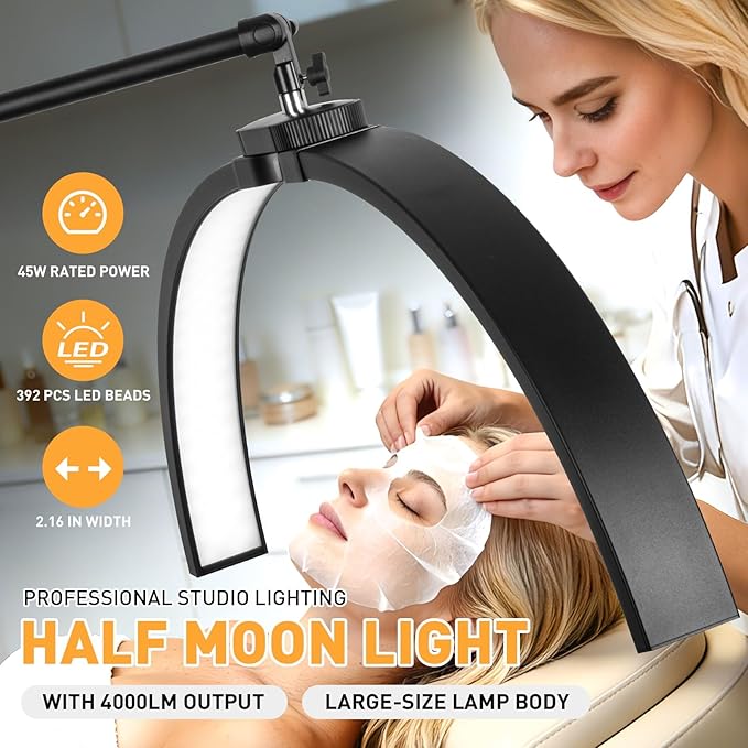 Half Moon Light for Eyelash Tech, 27.5” Ultra-Wide 45W Lash Light with 392 LEDs, Adjustable Height Esthetician Light with Phone Holder, Dimmable Tattoo & Nail Tech Lamp, Salon Lighting(Black