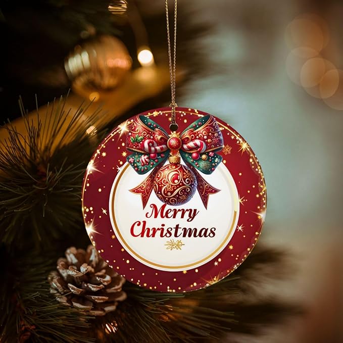 Merry Christmas Red Balls Snowflakes Christmas Ornaments, Christmas Decorations Xmas Tree Hanging Ornaments, Round Ceramic Festive Keepsake Gift for Xmas Decorations Holiday Home Decor