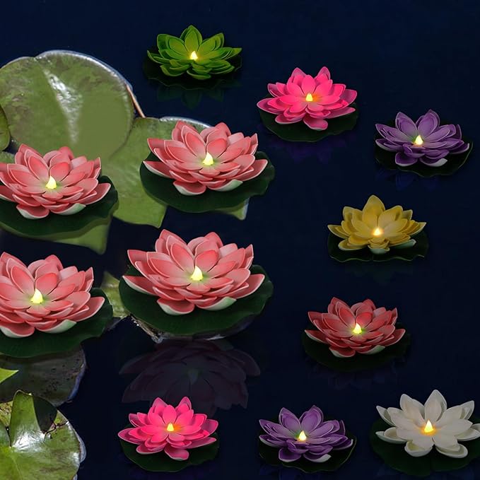 LACGO Waterproof Floating Lotus Light, 12PCS Floating Lily Light Water Activated Artificial Flowers Battery Operated for Wedding Pool Anniversary Garden Decoration(6 Inch, Mix-Color)