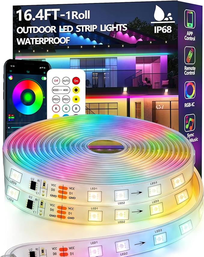 16.4FT Outdoor LED Strip Light Waterproof,IP68 Outside RGB+IC Light Strip with App/Remote Control,Chase Mode,Music Sync Light for Balcony,Deck,Rooftop,Garden,Pool