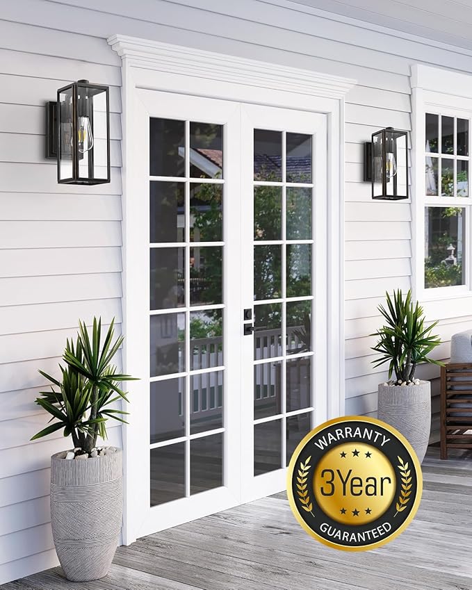 VIANIS Dusk to Dawn Outdoor Wall Lighting, Exterior Waterproof Wall Sconce Light Fixtures, Black Outside Porch Lights with Toughened Glass Shade, Anti-Rust Wall Mount Lantern for Garage 2Pcs