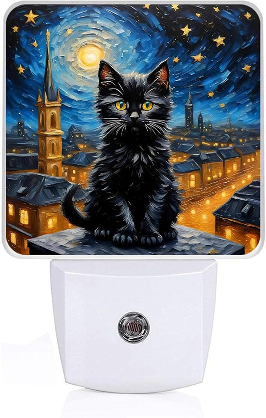 Black Cat Night Light,Starry Night Plug-in NightLights with Dusk-to-Dawn Sensor for Bedroom,Bathroom and Living Room Sleep Friendly lamp 0.5w