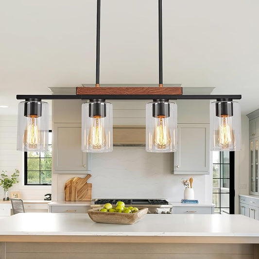 WILON Kitchen Island Lighting, 4 Lights Black Linear Chandeliers Modern Farmhouse Chandelier with Glass Shades for Kitchen Island Living Dining Room Foyer Bedroom(Black,4 Lights)
