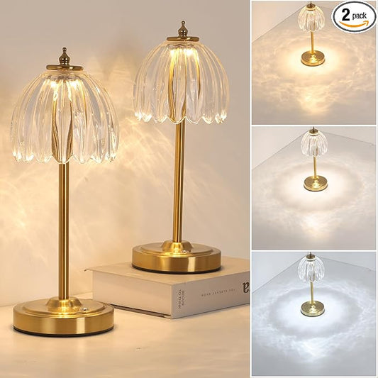 Set of 2 Tulip Table Lamp with 5000mAh Battery & Touch Control, Cordless Table Lamp with 3 Colors, Dimmable Rechargeable Table Lamps for Bedroom, Living Room, Entryways (Transparent Tulip)