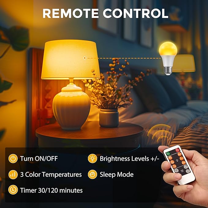 L LOHAS LED Light Bulbs, Sleep Aid Amber Light Bulb, A19 9W(60 Watt Equivalent), Blue Light Blocking, E26 Dimmable Light Bulbs, 3 Color Temperature 1800K/3000K/5000K, 2 Pack