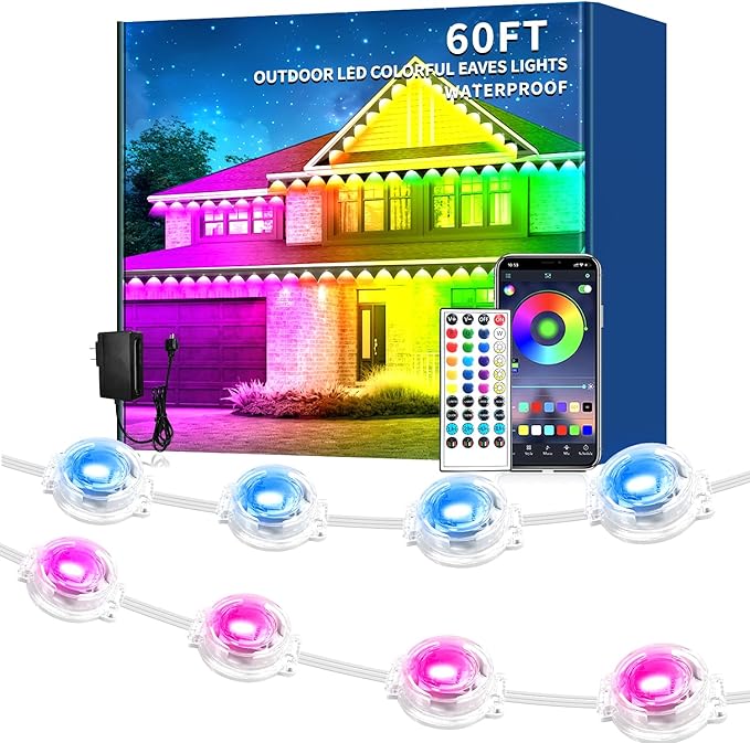 60FT Permanent Outdoor Light, IP67 Waterproof LED Eaves Light, App/Remote Control Christmas Lights, Suitable for House，Patio Decor Garden Party Festival Decoration