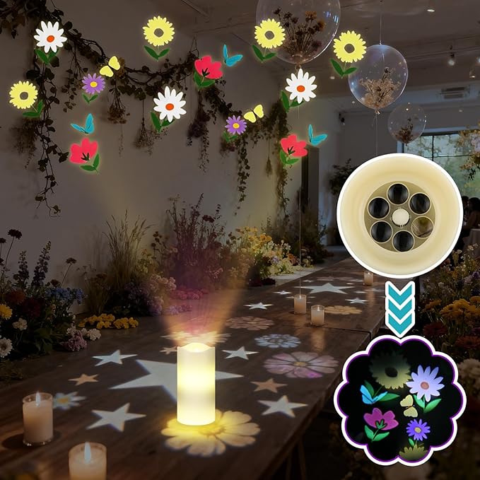 Baquler Wildflower Flameless Candles Spring Projector Lights Decoration LED Candle Battery Operated Night Light with Remote Timer for Wedding Tea Party Spring Summer Decorations for Home