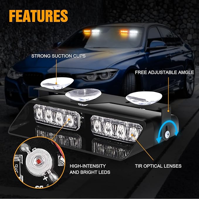 XRIDONSEN 2 in 1 Emergency Dash Strobe Lights Interior Windshield Lights Amber White Warning Hazard Safety Flashing w/Suction Cups for Construction Vehicles, Trucks Car (2×7.16 inch, 16 LED)