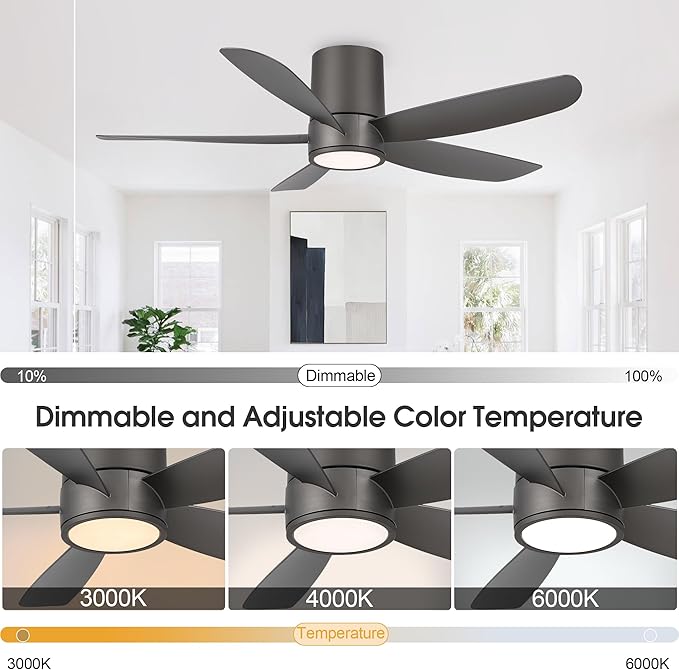 52" Outdoor Ceiling Fan with Light and Remote, ABS Blades, Low Profile Flush Mount Ceiling Fan, Dimmable LED light, Noiseless Reversible DC Motor, for Bedroom/Living Room/Porch (Charcoal Gray)