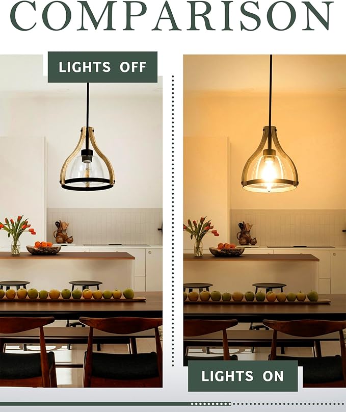 Pendant Light Fixtures, Farmhouse Wood and Glass Pendant Lighting for Kitchen Island, Rustic Pendant Lights, Height Adjustable, MD89437