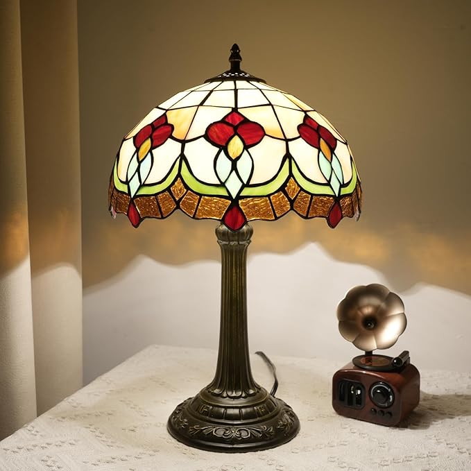 Red Tuilp Tiffany Lamp Stained Glass Table Lamps Antique Vintage Style Bedside Nightstand Nightstand Decor Living Room Bedroom Office Home Retro Bar Hotel 12 Inch Unique Reading Desk Lamps