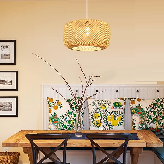 17.72in Bamboo Pendant Light Rattan Wicker Hand Woven Lighting Fixture Boho Coastal Beach Chandelier Hanging Basket Lights for Kitchen Island Dining Room Restaurant Hallway Foyer