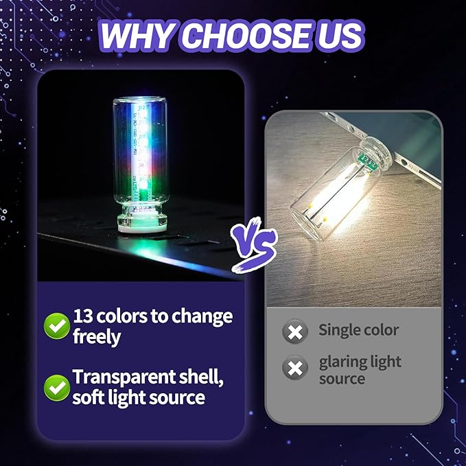 New Car USB Lights, 13 in 1 Touch Adjustment USB LED Car Lights, Mini Glass Bottle LED Bulb Night Lights, Switch Memory Retention, 13 Modes & 7 Colors for Vehicle Bedroom Camping Holiday (3Pcs)