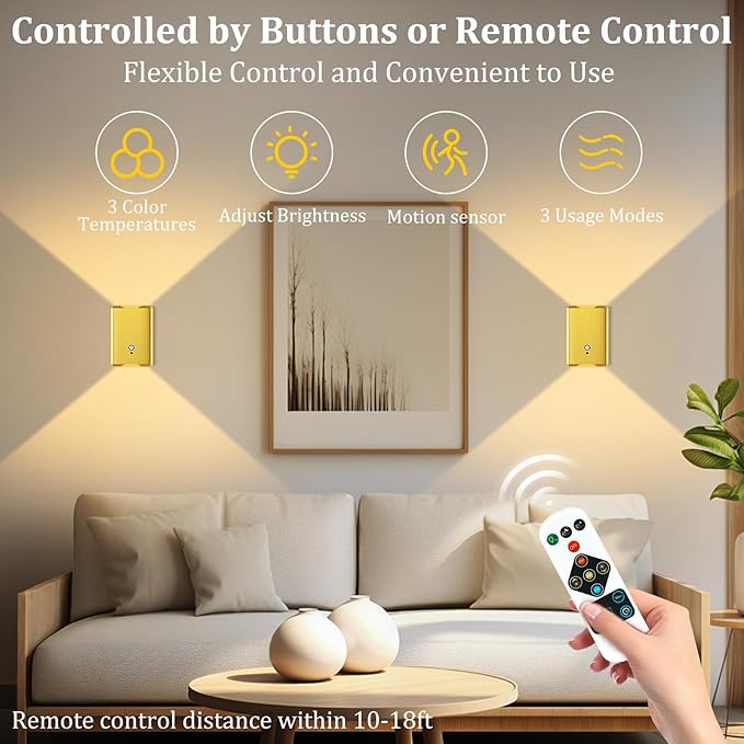 1 Pack Battery Operated Wall Sconce Light: 5000mAh Rechargeable Motion Sensor Night Light 3 Colors Wireless Sconce Magnetic Motion Sensor Stair Light Indoor LED Wall Light for Bedroom Hallway Closet