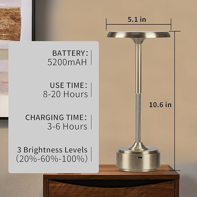 5200mAh Rechargeable Cordless LED Table Lamps Touch Sensor Light, 3-Levels Portable Dimming Wireless Battery Operated Lamp,Night Light/Restaurant Table/Outdoor/Coffee/Bar (Sliver Set of 2)