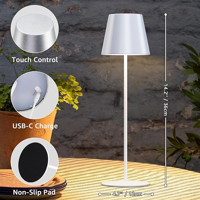 uuffoo 2 Pack Cordless Table Lamp Rechargeable 5000mAH Battery Operated Lights Touch Control LED Portable Desk Lamps 3 Color Dimming for Outdoor Coffee Bedroom Kitchen (Silver+White)