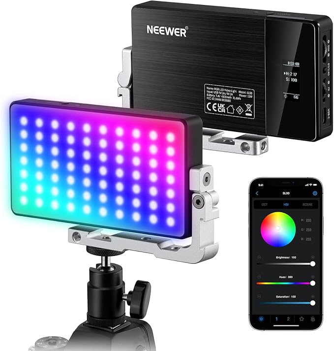 NEEWER RGB Video Light, 2500-10000K CRI97+ On Camera Selfie Light with App & 2.4G Control, 18 Light Scenes, 4300mAh Battery for Photography, SL90