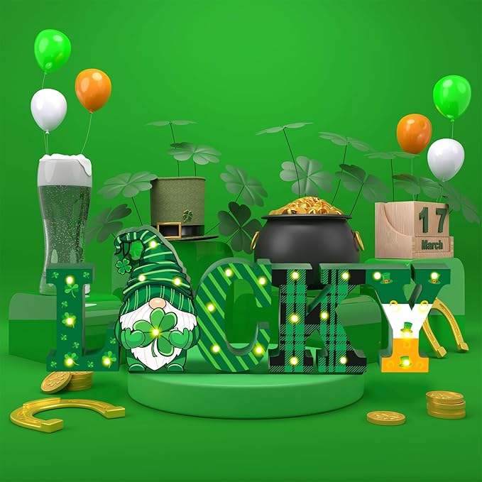 Menkxi St Patricks Day LED Wooden Sign St. Patrick's Day Table Decorations Wooden Lucky Decor Saint Patty's Tiered Tray Decor Light up Irish Table Centerpiece for Home Party Desk Office Room