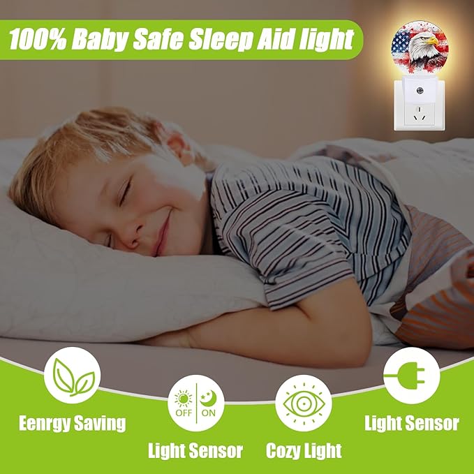 American Flag Eagle Night Light,Watercolor USA Flag Plug-in Night Lights with Dusk-to-Dawn Sensor for Bedroom Bathroom and Living Room Sleep Friendly lamp