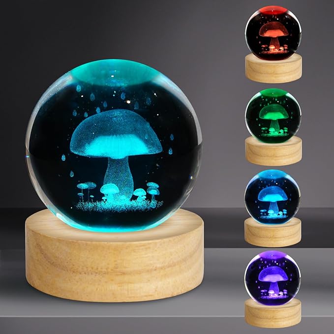 3D Mushroom Crystal Ball Night Light 2.4in Mushroom Figurines Decor Table Lamp with 16 Colors Change Mushroom Stuff for Room Birthday Christmas Mushroom Gifts for Women Friends Kids