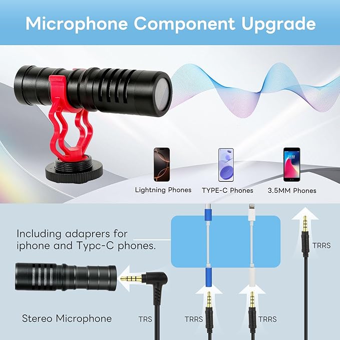Vlogging Kit for iPhone, Android, Camera, Compatible with YouTube Starter Kit with Rechargeable LED Light + Microphone + Phone Clip + Aluminum Desktop Tripod for Vlogging, Instagram, TikTok