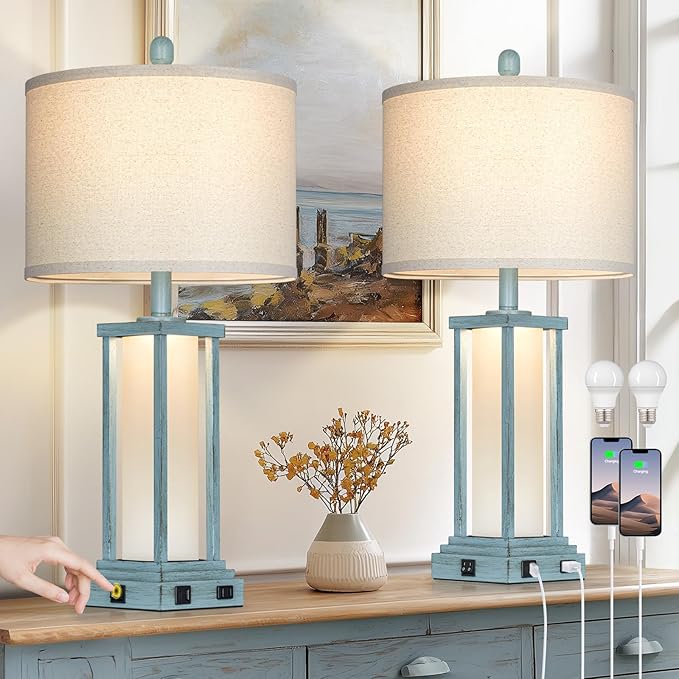 27" Tall Vintage Table Lamp Set of 2 with USB C+A & Outlet,Nightstand Lamp for Living Room,Coastal Bedside Lamps with Frosted Glass Night Light for Bedroom Entryway,Blue
