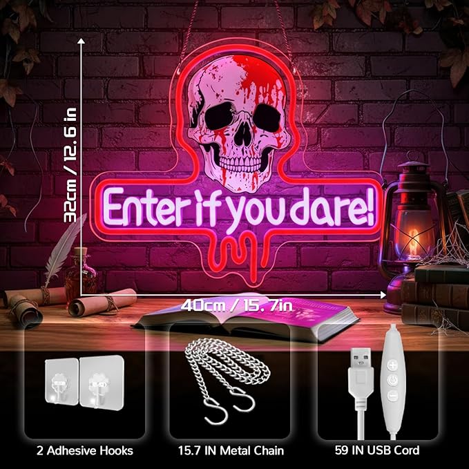 Enter If You Dare Neon Sign for Halloween Haunted House Décor,Skull LED Neon Light Wall Sign with Adjustable Brightness,USB Powered Spooky Neon Wall Art for Party Room Bar Bedroom Decoration