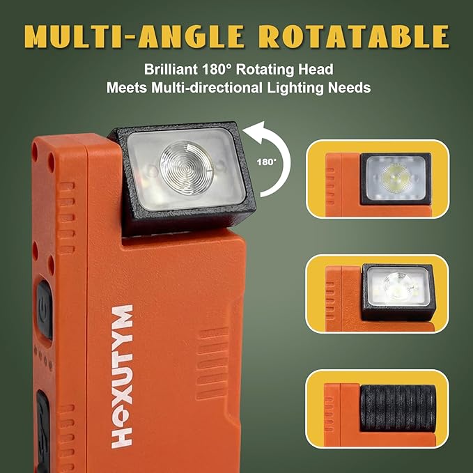 Clip-on LED Rechargeable Flashlights – 500lm EDC Mini Pocket Light, Hands-Free Magnetic Work Light with 180° Rotatable Clip & RGB Emergency Mode for Camping, Hiking, Repairs, Walkies, Orange