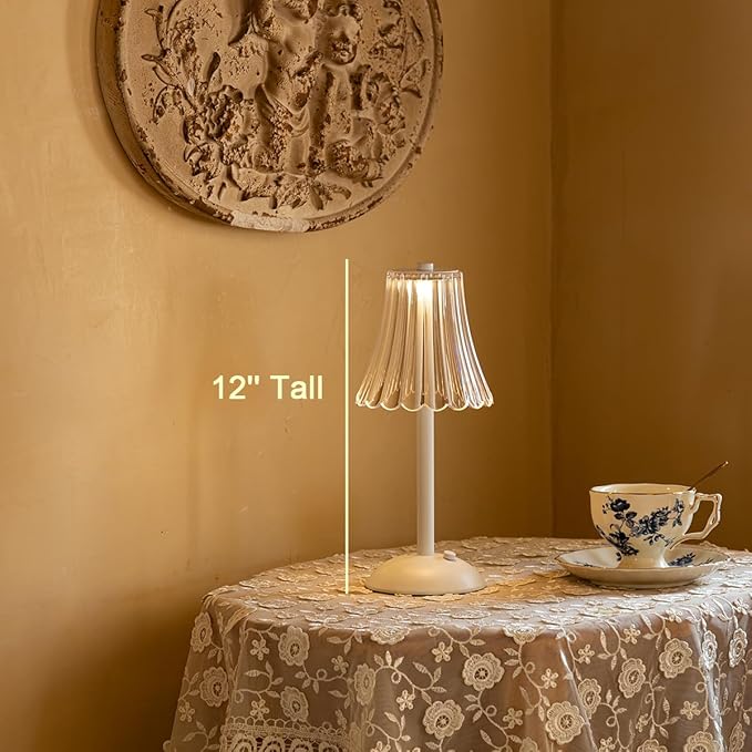 Cordless Table Lamps for Home,Table,Dining Room, Gold Rechargeable Lamps, USB Charge 12'' Tall LED Brass Portable Outdoor Indoor Table Lamp with Built-in Dimmer (Flower-White)