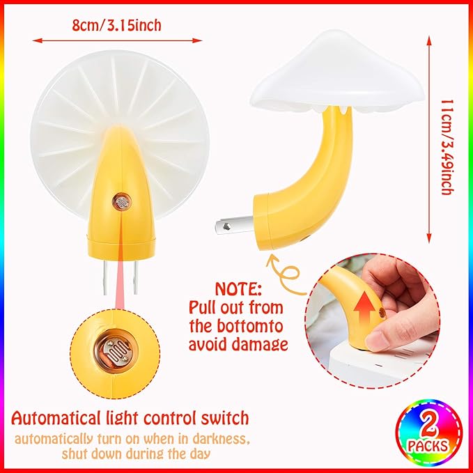 Mudder 2 Pack Mushroom Night Light Plug in Wall Lamp Sensor LED Mushroom Nightlight Cute Mini for Adult Kid Nursery Decor Gift(7 Color Changing)
