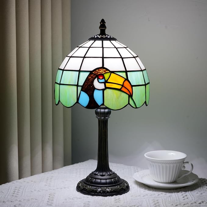Small Tiffany Lamp Stained Glass Lamp Retro Style Bird Toucan Reading Bedside Table Lamp for Bedrooms Kitchen Dormitories Studies Antique Home Restaurant Office Decor Children's Gift 8 Inch