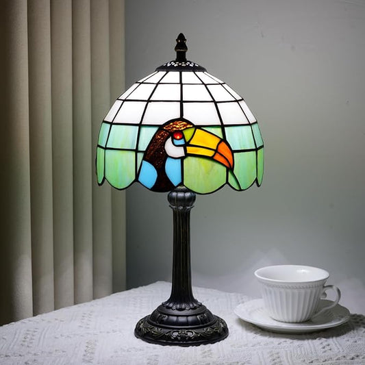 Small Tiffany Lamp Stained Glass Lamp Retro Style Bird Toucan Reading Bedside Table Lamp for Bedrooms Kitchen Dormitories Studies Antique Home Restaurant Office Decor Children's Gift 8 Inch