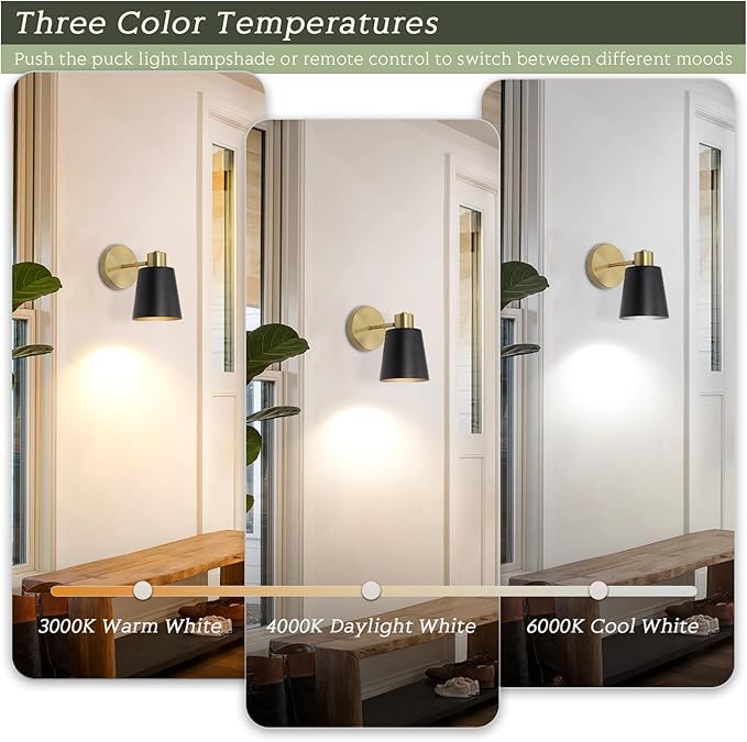 Battery Operated Wall Sconce, Modern Wireless Sconces Set of 2, Cordless Wall Decor Battery Powered Wall Light with Remote Control, Vintage Black and Gold Wall Lamp for Living Room Bathroom Hallwa