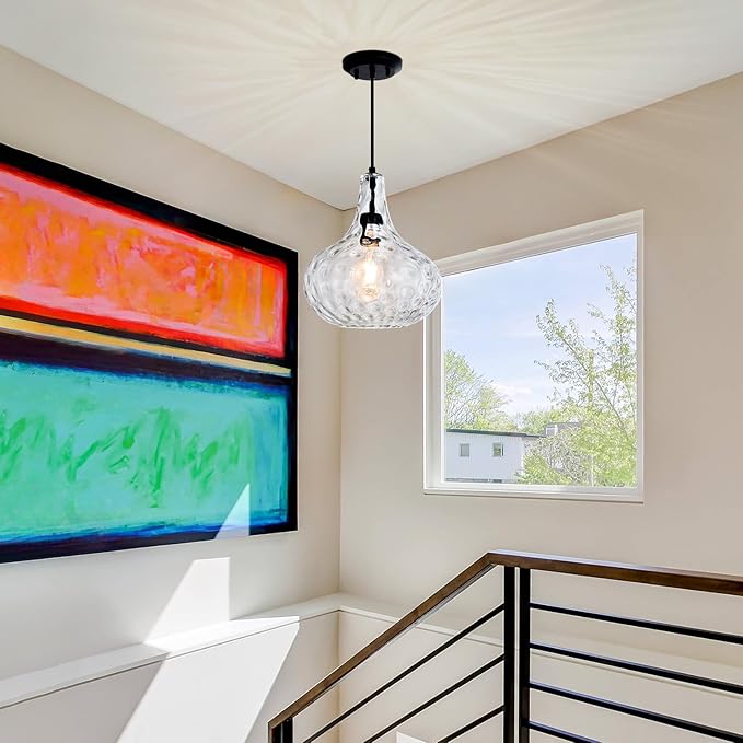 11" Blown Hammered Glass Pendant Light – Matte Black Ceiling Light for Kitchen Island, Dining Room, Hallway – E26 Base Hanging Fixture